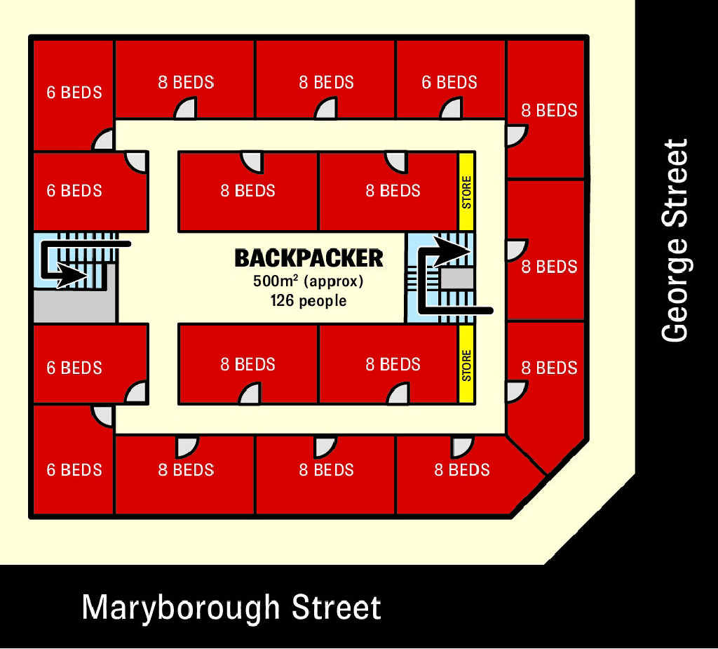 FLOORPLAN: A plan of the top floor (left) of the 126-bed hostel approved for land opposite Hinkler Central (above). FLOORPLAN: A plan of the top floor (left) of the 126-bed hostel approved for land opposite Hinkler Central (above).